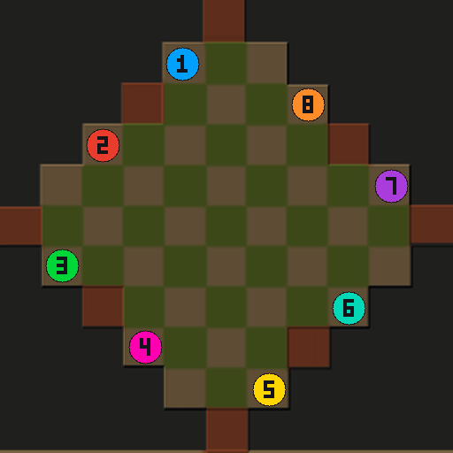 Zone Control for FAF 8P V2 from above: a diamond of 53 square zones with eight numbered starts around its rim, each with a dark base square beside it